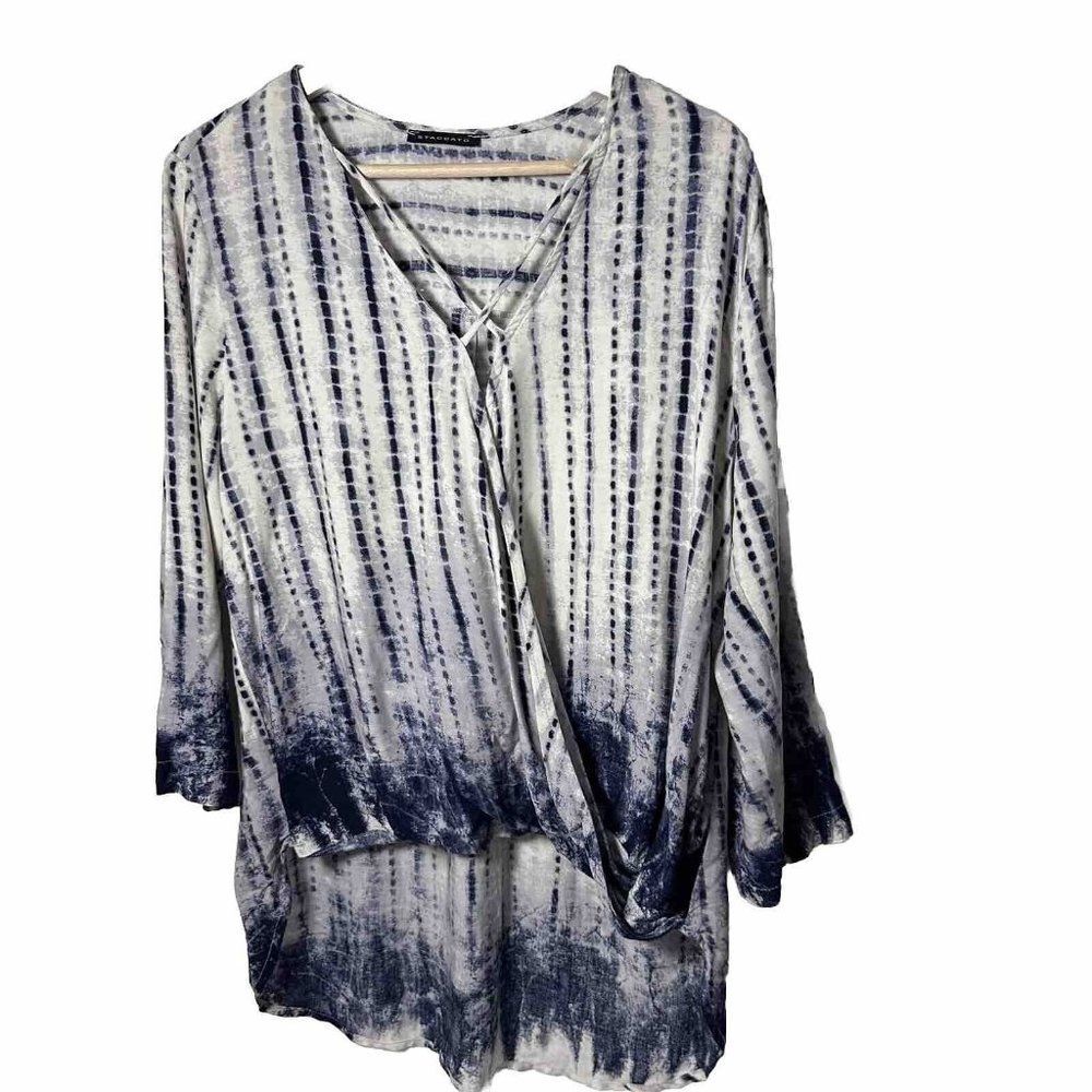 Staccato Top Boho Long Sleeve Wrap Vneck Blue Shirt Blouse Tie Dye Hippie M